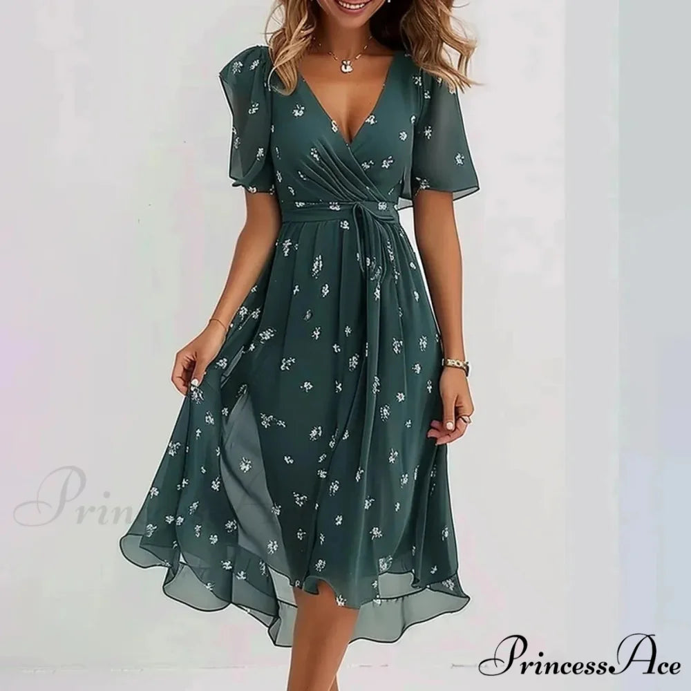 Sheer Blossom Pattern Plunging Neckline Dress Green / S oldfloraldress-250126