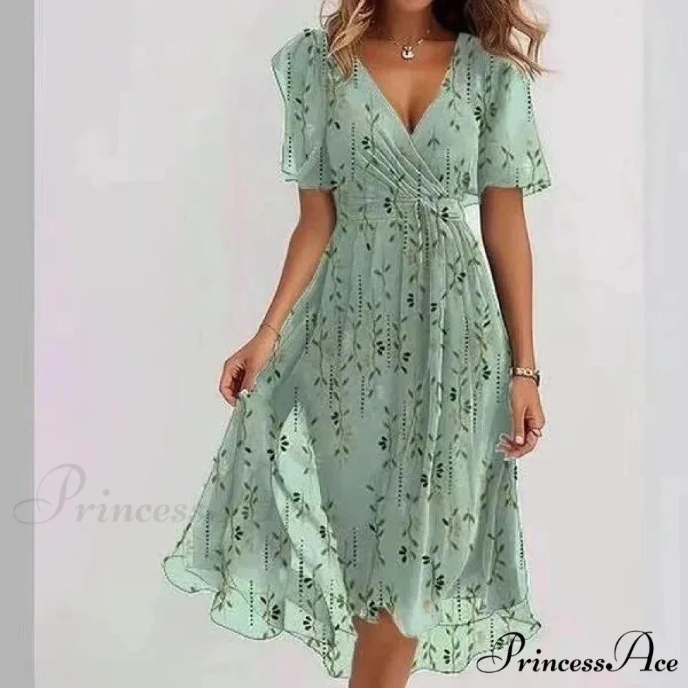 Sheer Blossom Pattern Plunging Neckline Dress Light green bamboo / S oldfloraldress-250126