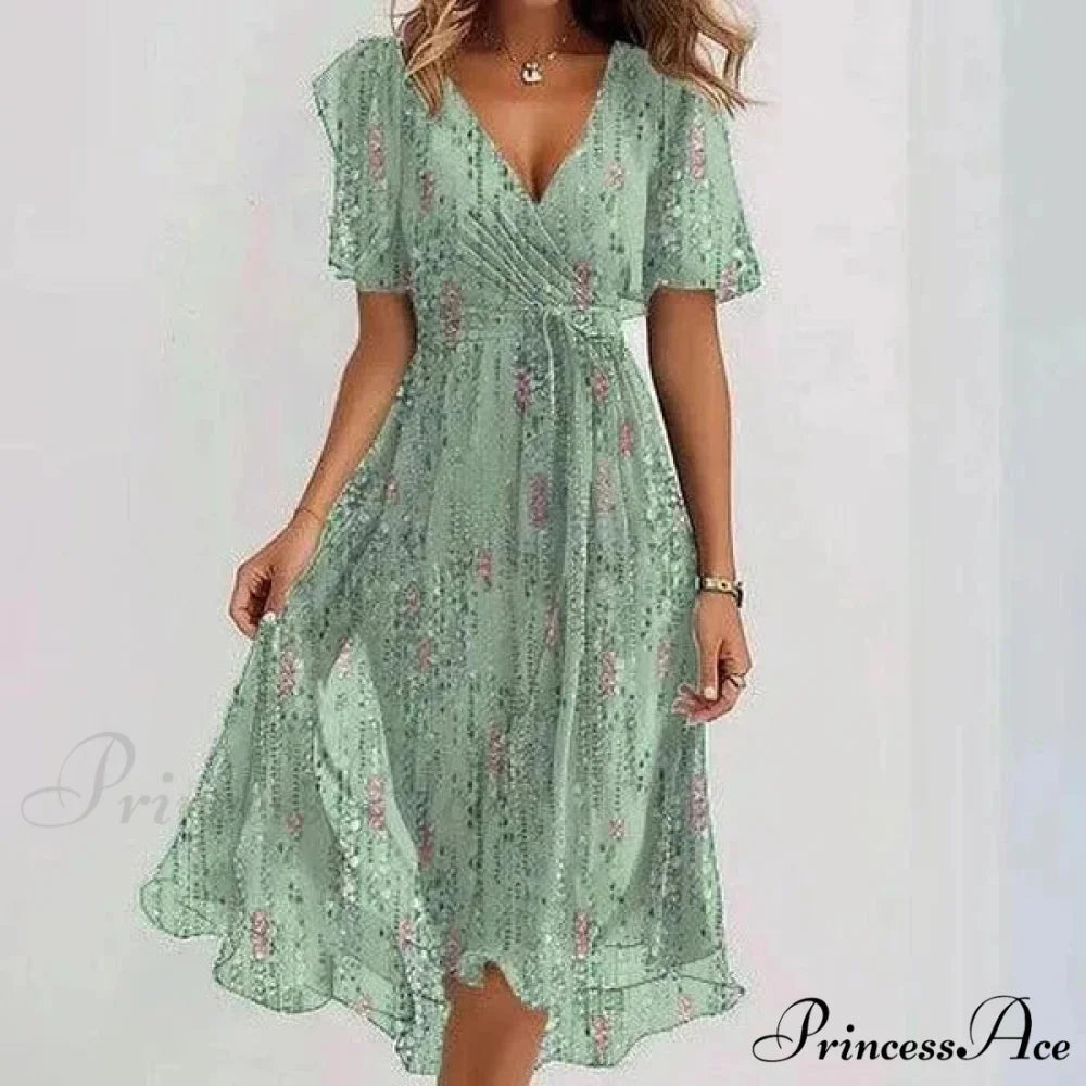 Sheer Blossom Pattern Plunging Neckline Dress Light Green / S oldfloraldress-250126