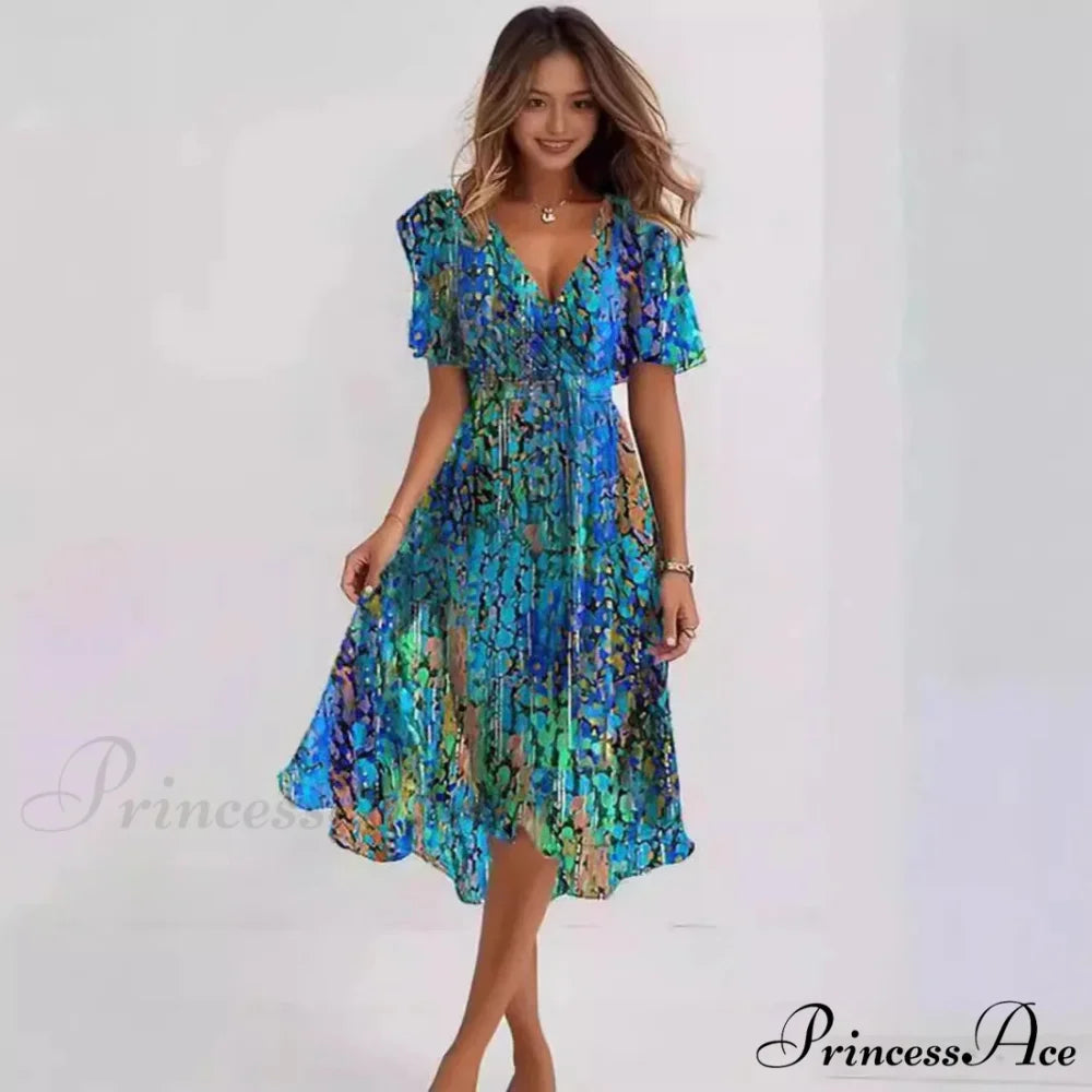 Sheer Blossom Pattern Plunging Neckline Dress oldfloraldress-250126