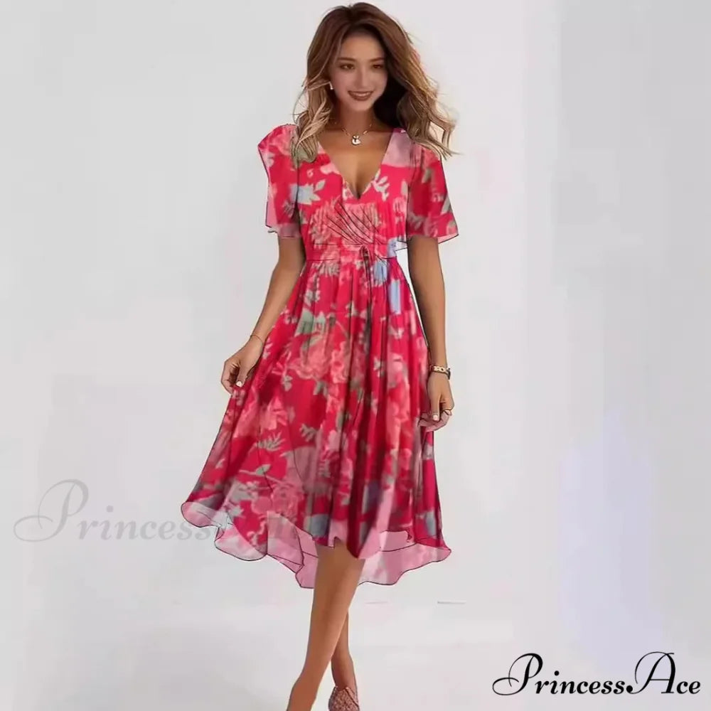 Sheer Blossom Pattern Plunging Neckline Dress oldfloraldress-250126
