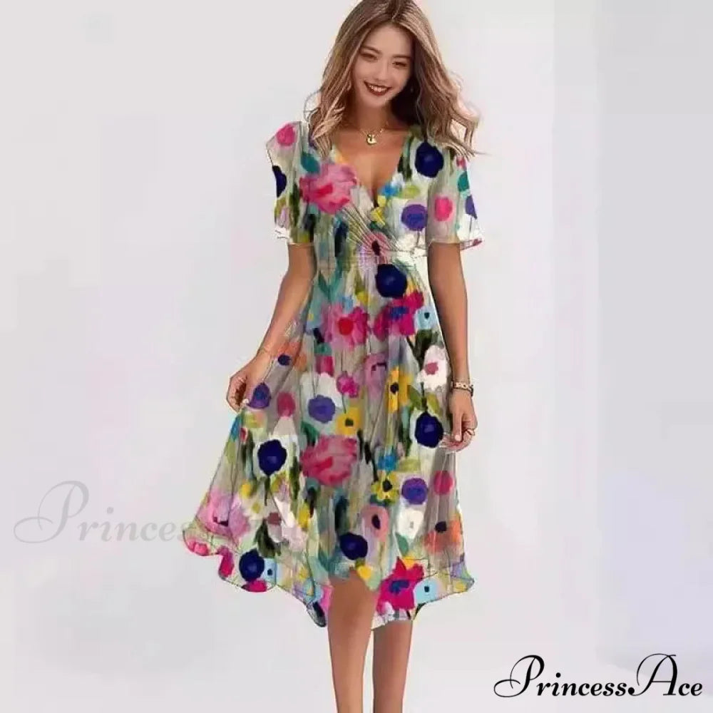 Sheer Blossom Pattern Plunging Neckline Dress oldfloraldress-250126
