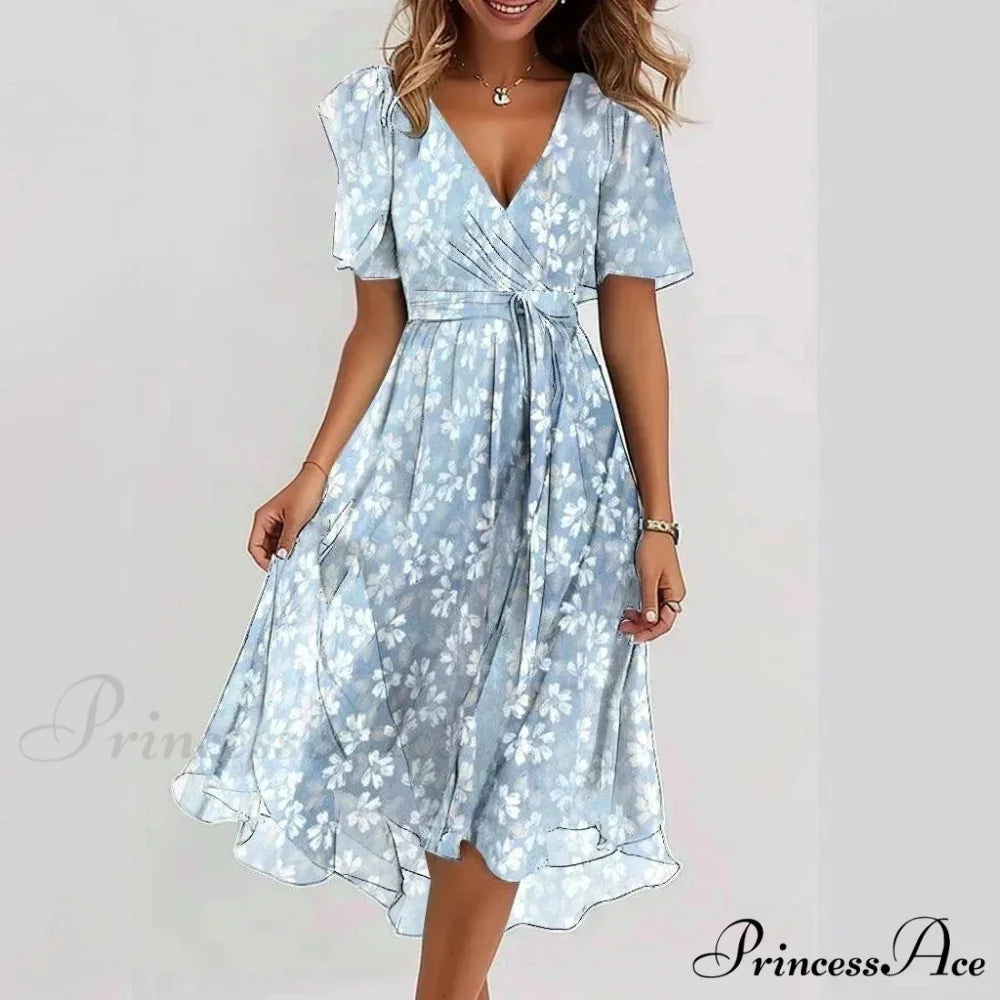 Sheer Blossom Pattern Plunging Neckline Dress Water Blue / S oldfloraldress-250126