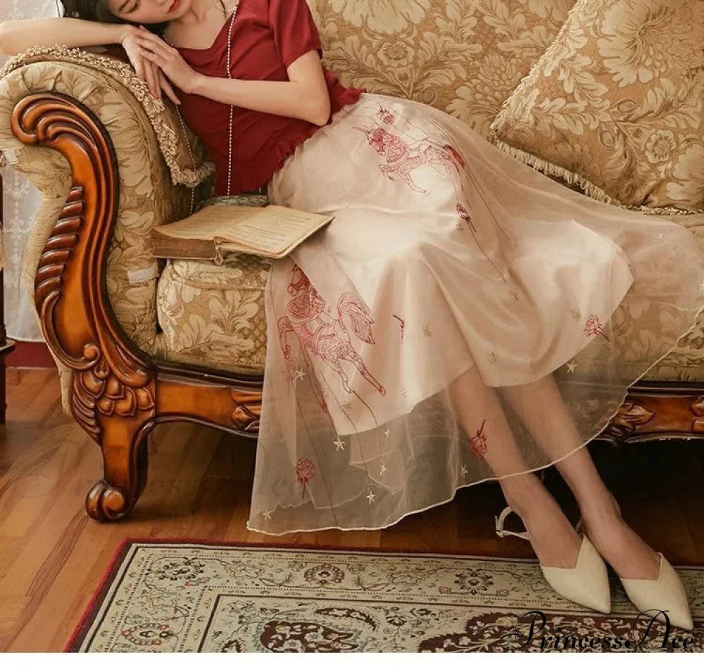 Sheer Blossom Stitched Charming Style Double Tiered Skirt skirt-250126