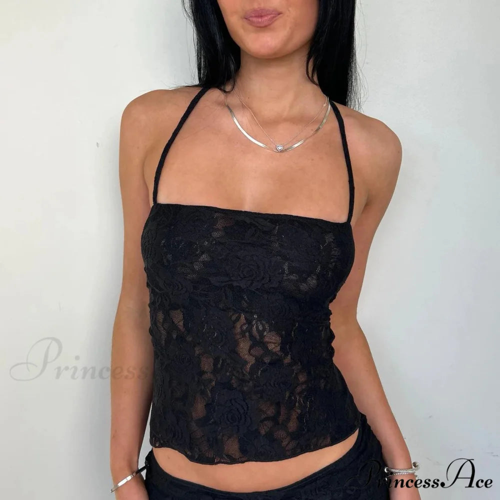 Sheer Cross Back Lace Crop Top Black / S croptop-250223