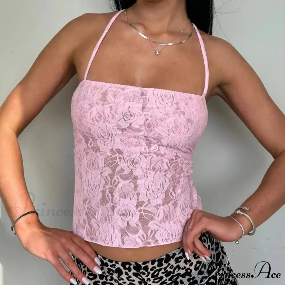 Sheer Cross Back Lace Crop Top Pink / S croptop-250223