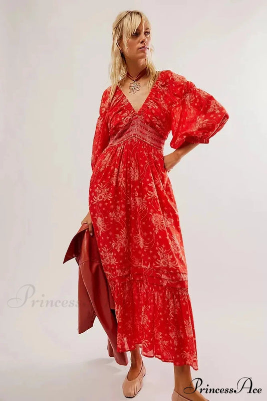 Sheer Extended Sleeve Festive Flower Bohemian Dress bohodress-250126