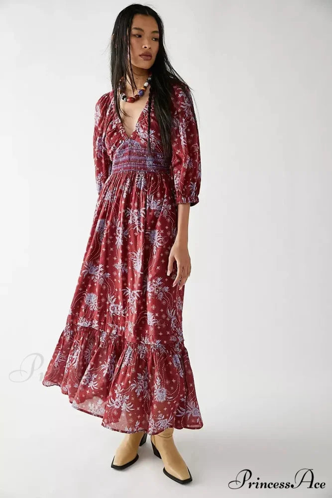 Sheer Extended Sleeve Festive Flower Bohemian Dress Burgundy / S bohodress-250126
