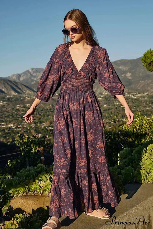 Sheer Extended Sleeve Festive Flower Bohemian Dress Navy blue / S bohodress-250126
