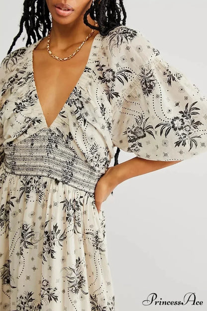 Sheer Extended Sleeve Festive Flower Bohemian Dress White / S bohodress-250126