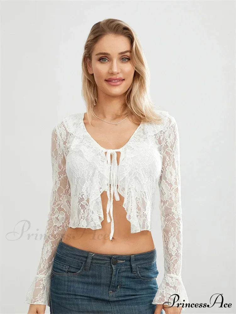 Sheer Flounce Sleeve Lace-Up Transparent Blouse blouse-250223