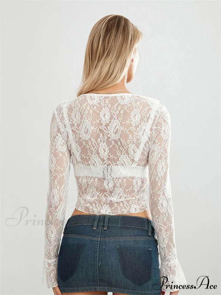 Sheer Flounce Sleeve Lace-Up Transparent Blouse blouse-250223