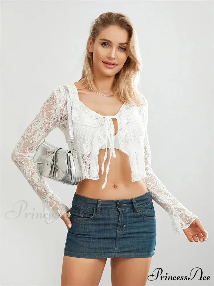 Sheer Flounce Sleeve Lace-Up Transparent Blouse WHITE / S blouse-250223