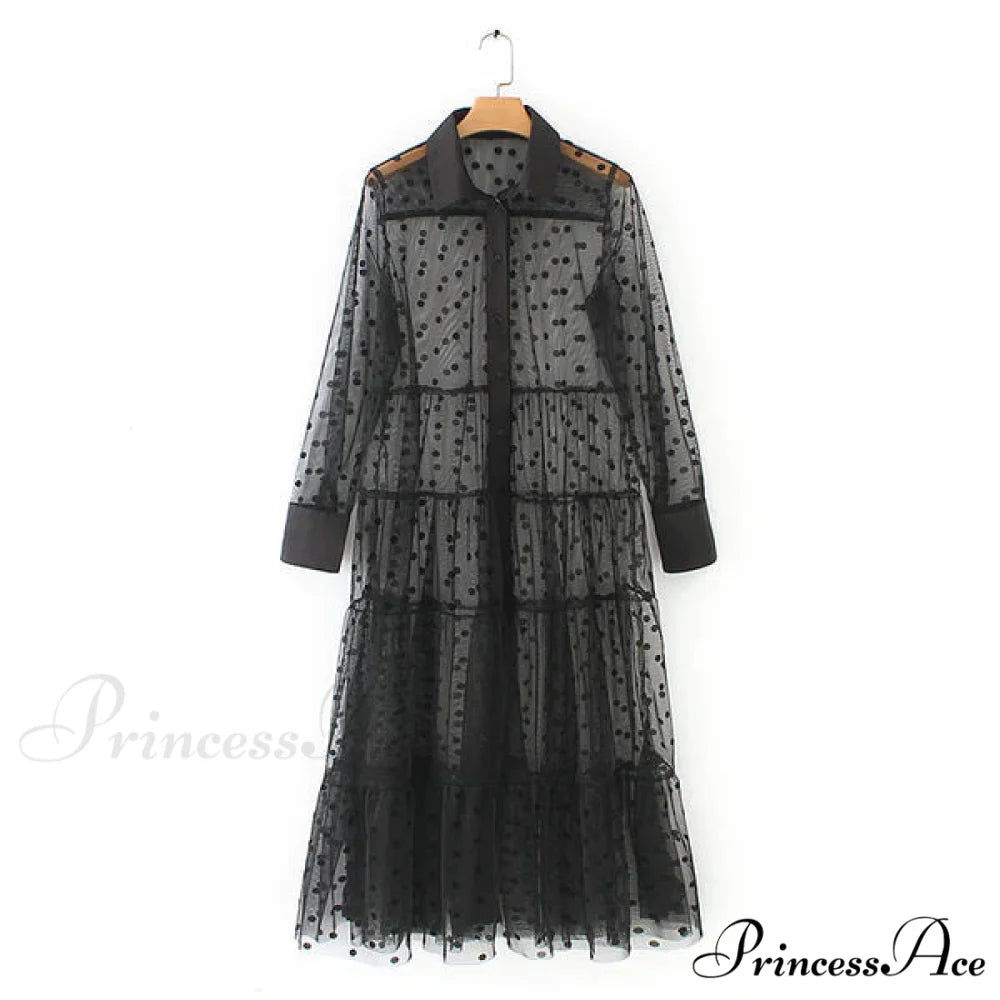 Sheer Lace Cover Up with Polka Dot Pattern for Summer L / Black