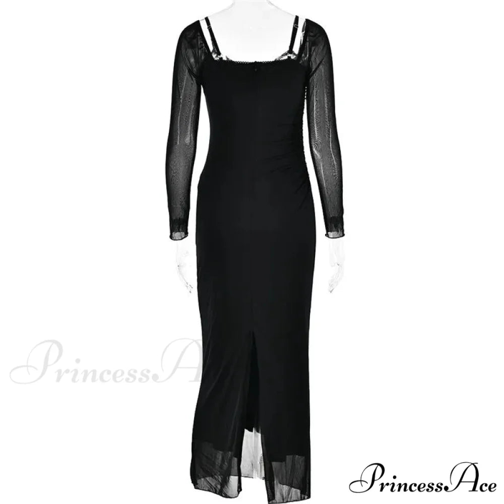 Sheer Long Sleeve Charming Bodycon Maxi Dress