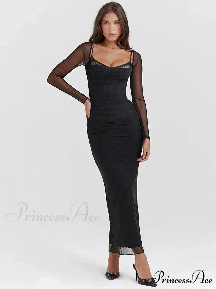 Sheer Long Sleeve Charming Bodycon Maxi Dress Black / S