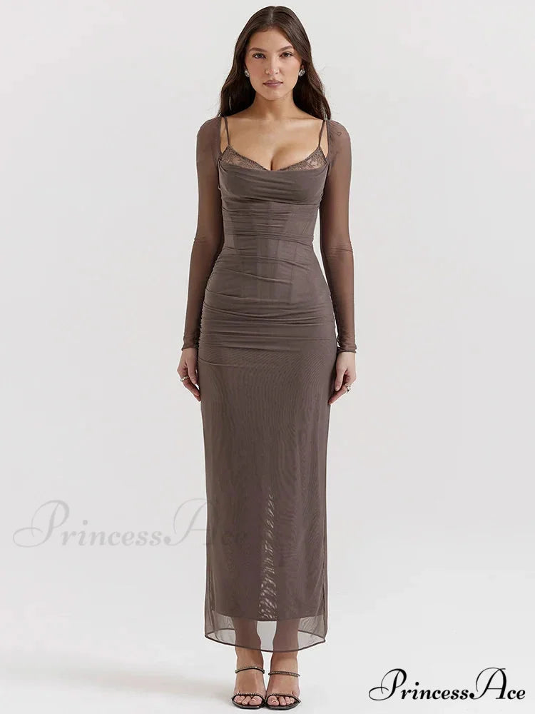 Sheer Long Sleeve Charming Bodycon Maxi Dress Brown / S