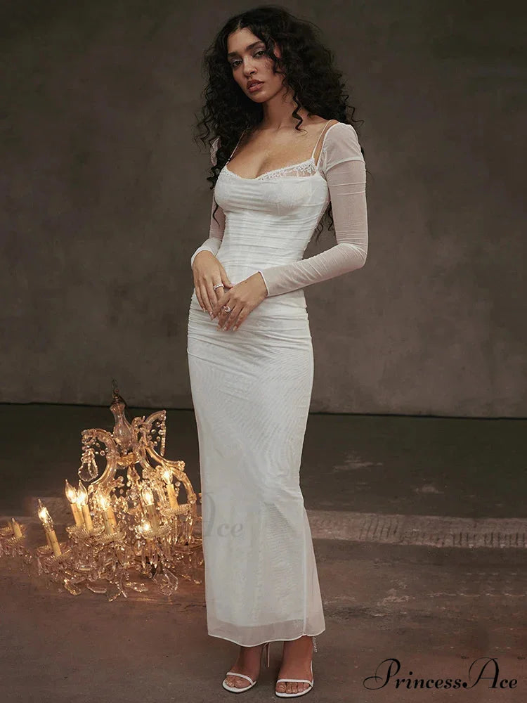 Sheer Long Sleeve Charming Bodycon Maxi Dress White / S