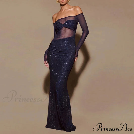 Sheer Mesh Sequin Banquet Party Dress Dark Blue / S