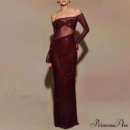 Sheer Mesh Sequin Banquet Party Dress Wine Red / S