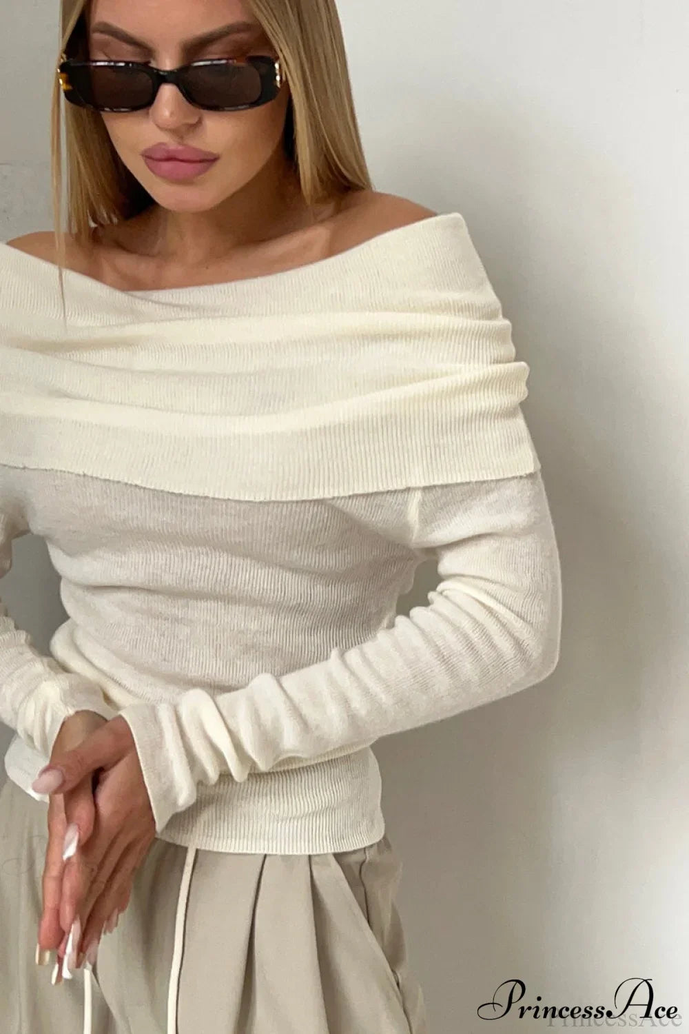 Sheer Off-Shoulder Fitted Solid Pullover Knit Top