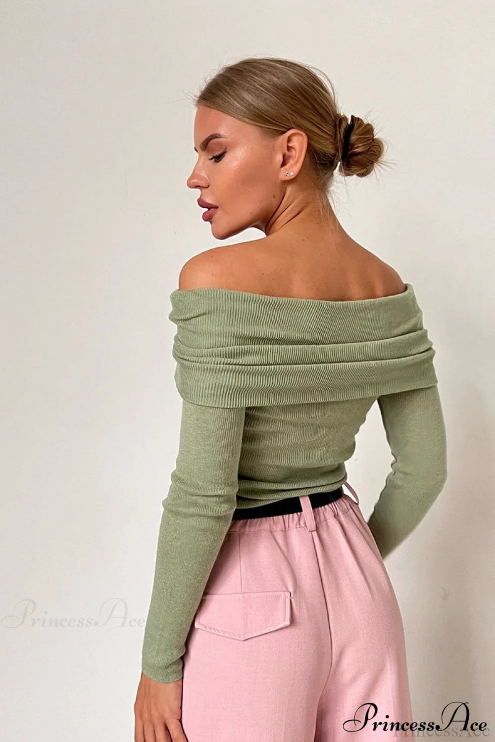 Sheer Off-Shoulder Fitted Solid Pullover Knit Top