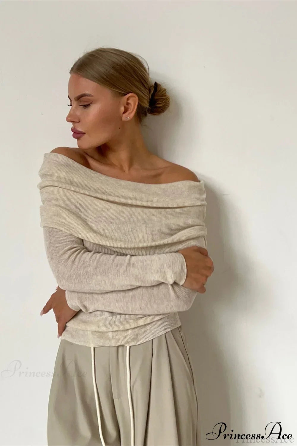 Sheer Off-Shoulder Fitted Solid Pullover Knit Top