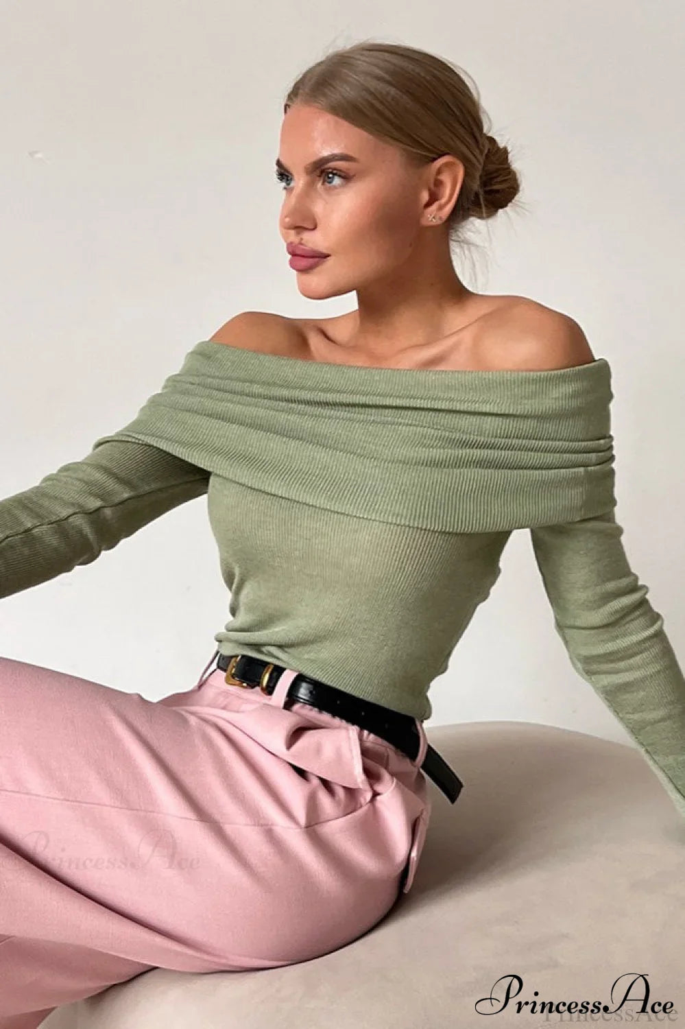Sheer Off-Shoulder Fitted Solid Pullover Knit Top Green / S