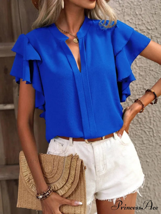 Sheer Plunging Neck Frill Sleeve Top 2000s Top Blue / S blouse-250126