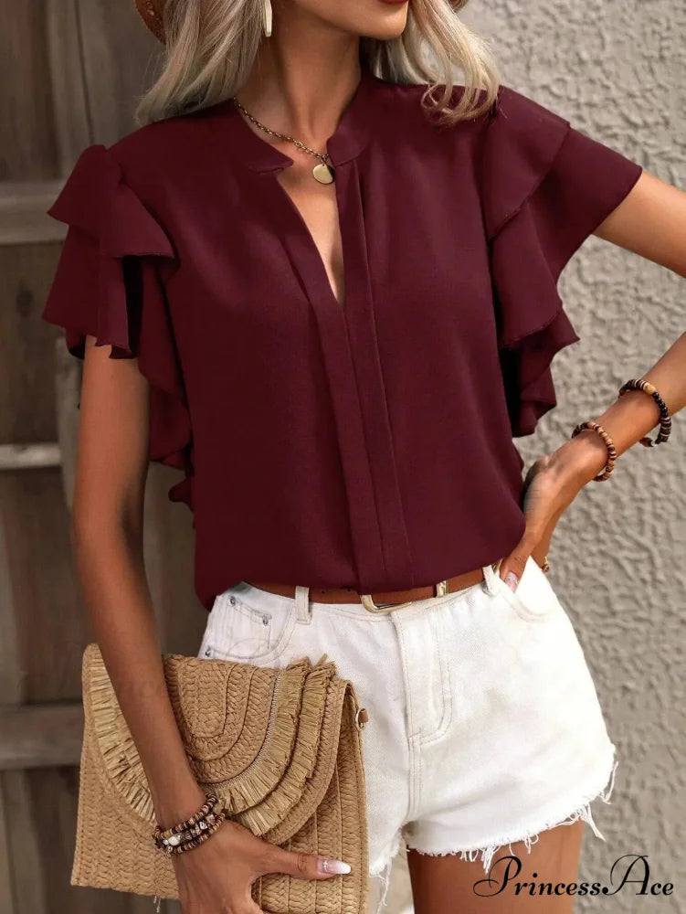 Sheer Plunging Neck Frill Sleeve Top 2000s Top Burgundy / S blouse-250126