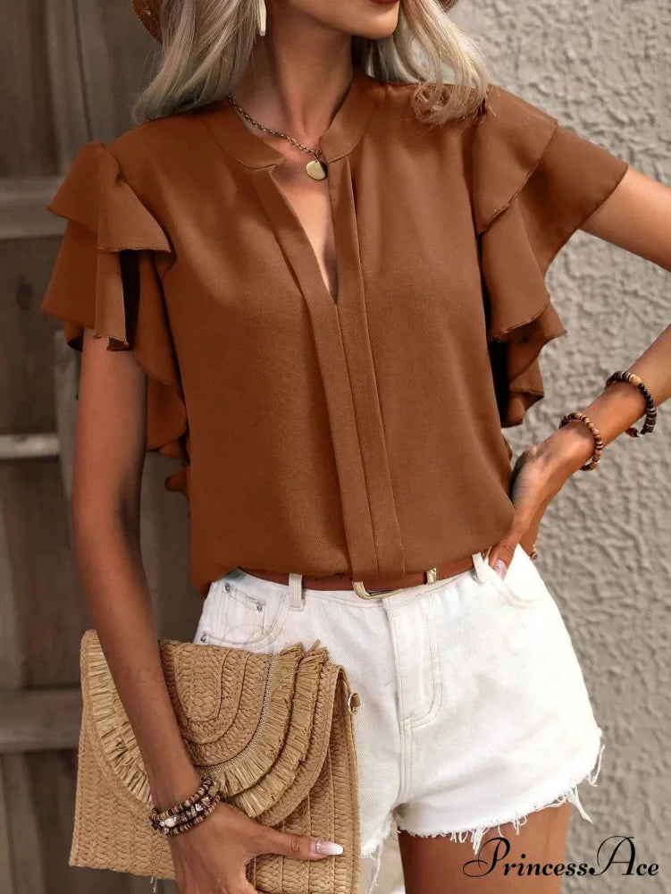 Sheer Plunging Neck Frill Sleeve Top 2000s Top Khaki / S blouse-250126