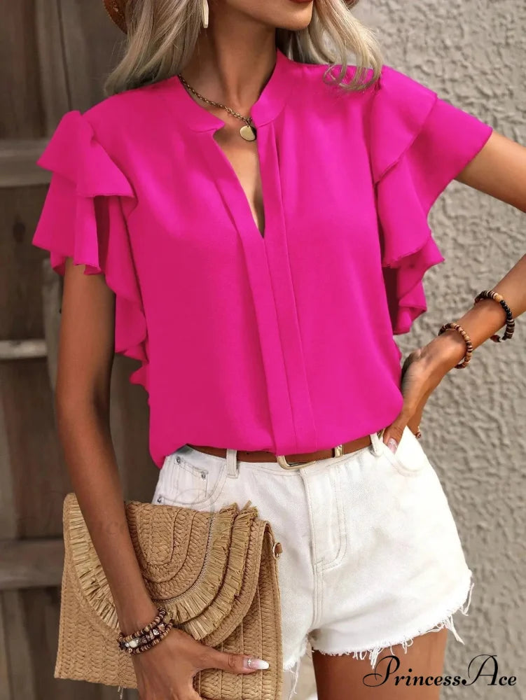 Sheer Plunging Neck Frill Sleeve Top 2000s Top Rose Red / S blouse-250126