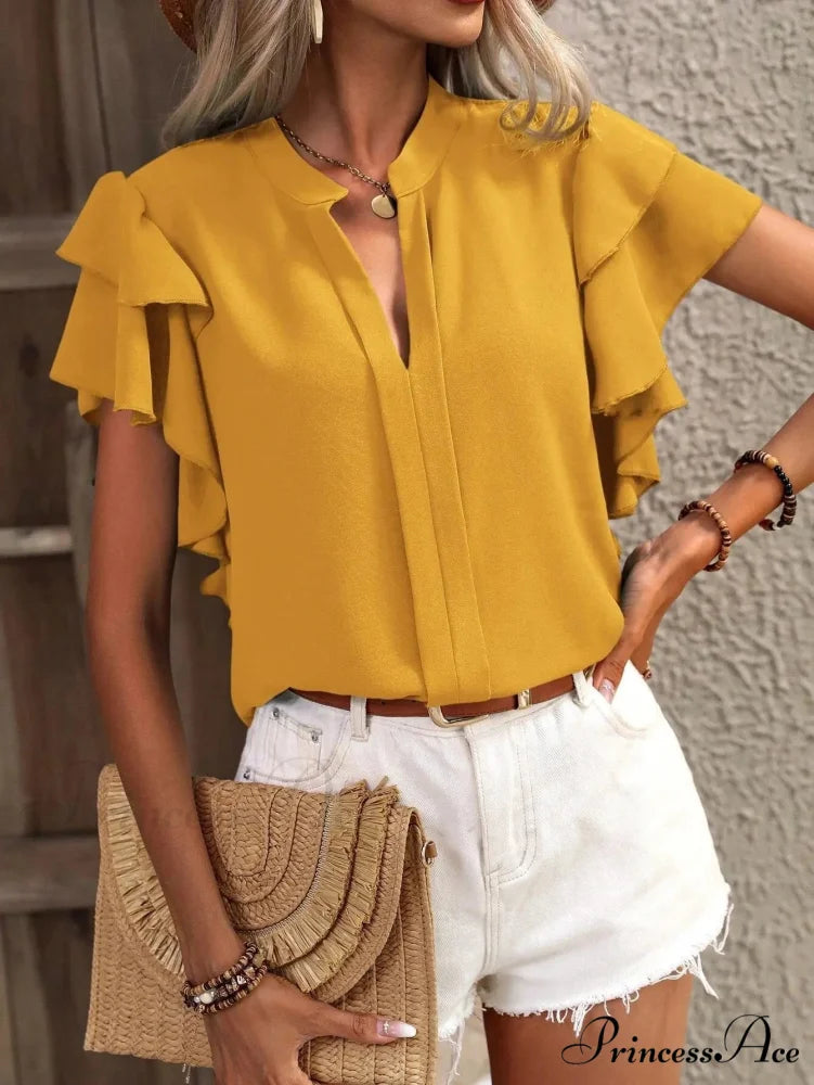 Sheer Plunging Neck Frill Sleeve Top 2000s Top Yellow / S blouse-250126