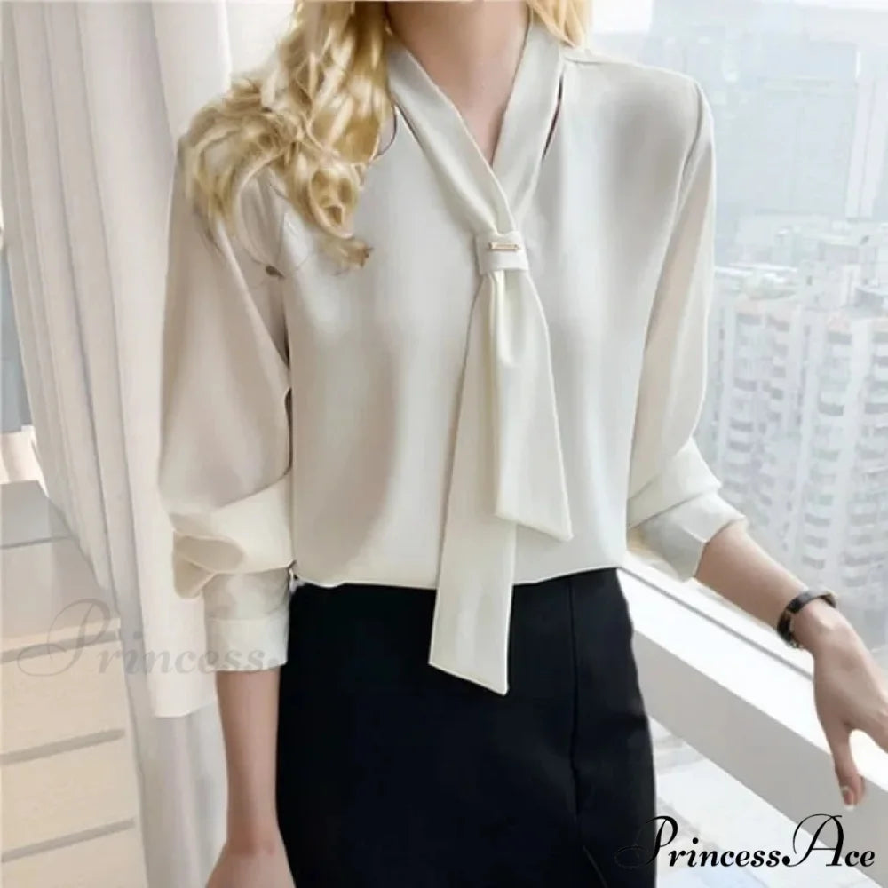Sheer Plunging Neckline Bow Relaxed Full Sleeve Ivory Top blouse-250126