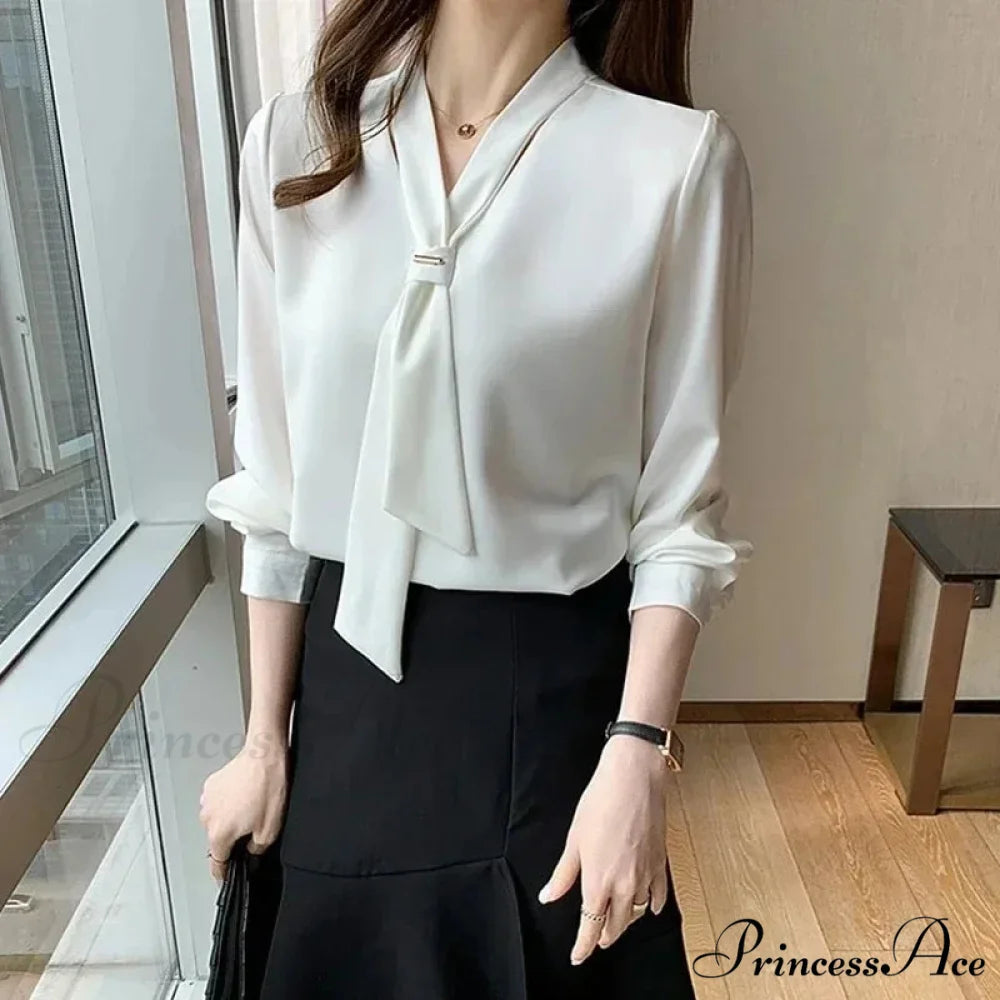 Sheer Plunging Neckline Bow Relaxed Full Sleeve Ivory Top blouse-250126