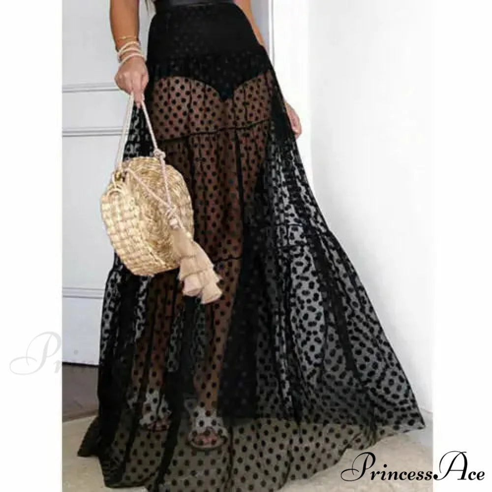 Sheer Polka Dot See-Through Maxi Skirt Marriage Celebration Skirt Black / S skirt-250126
