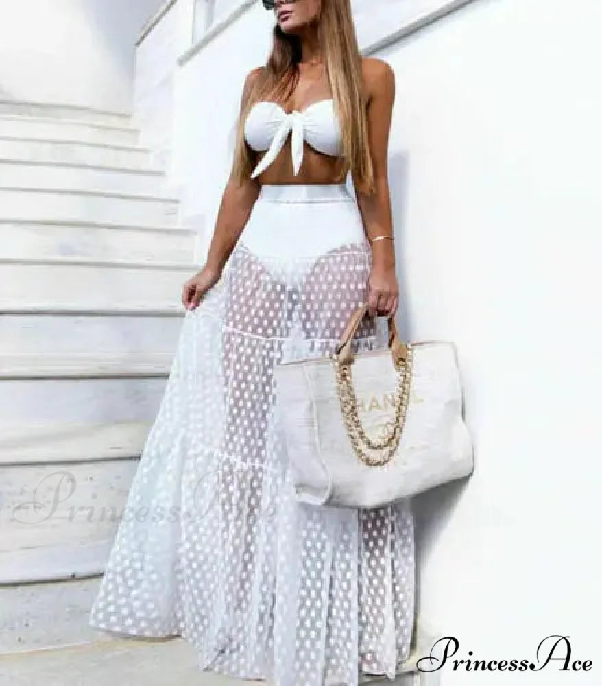 Sheer Polka Dot See-Through Maxi Skirt Marriage Celebration Skirt WHITE / S skirt-250126