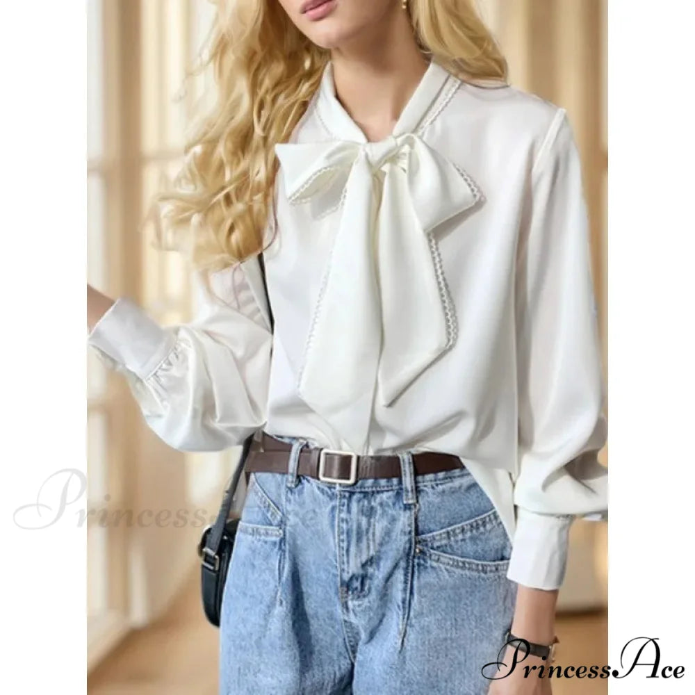 Sheer Ribbon Long Sleeve Workplace Blouse blouse-250126
