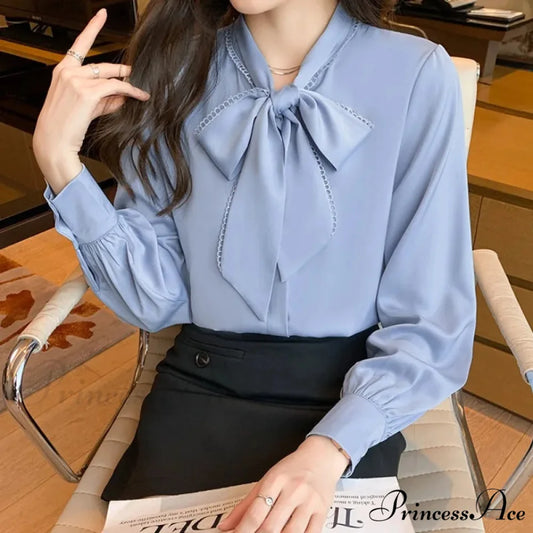 Sheer Ribbon Long Sleeve Workplace Blouse Blue / S blouse-250126