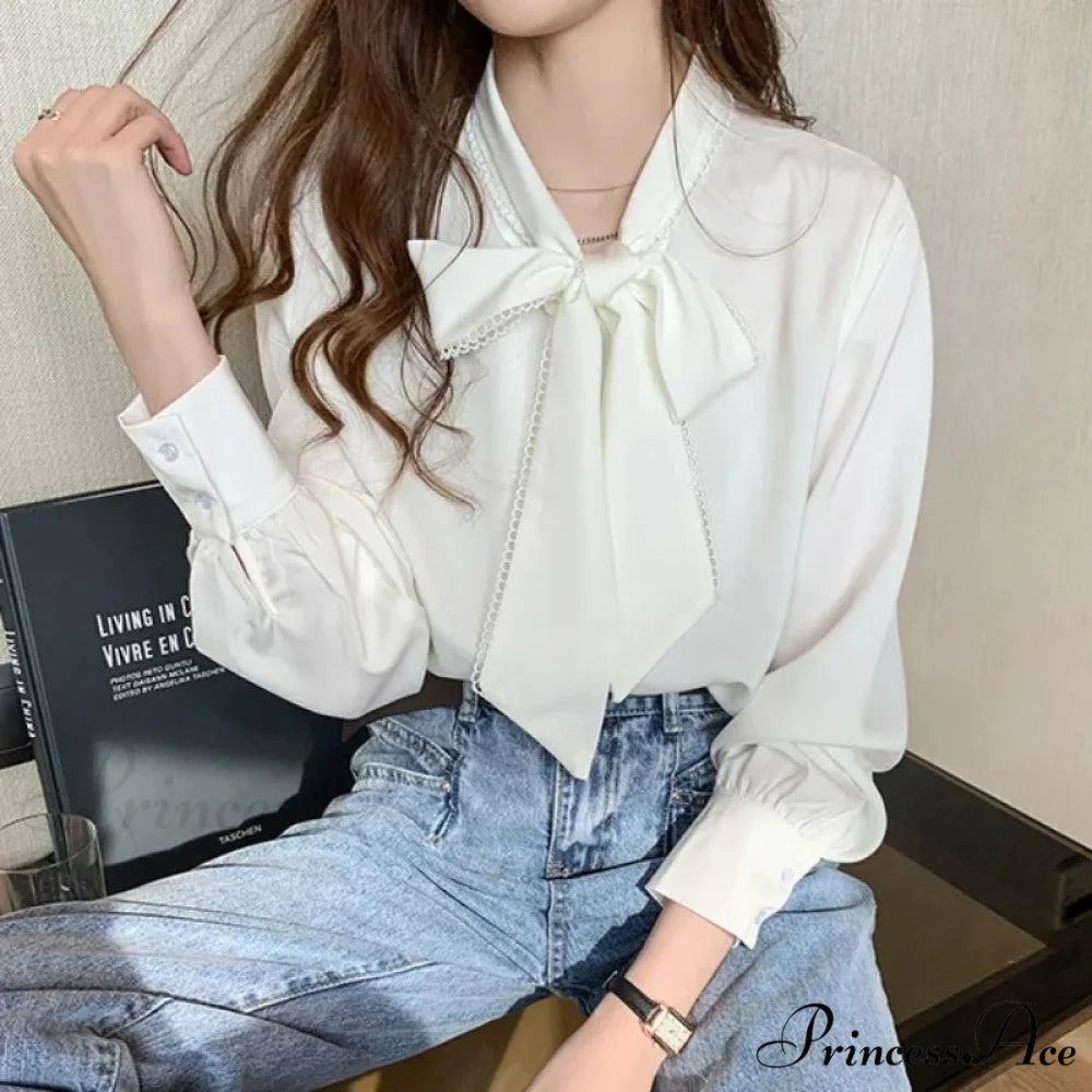 Sheer Ribbon Long Sleeve Workplace Blouse WHITE / S blouse-250126
