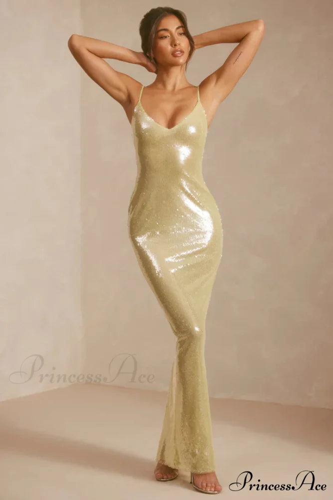 Sheer Sequin V-Neck Cut Out Trendy Back Evening Gown in Pistachio 16 Days / 4 / S / Yellow
