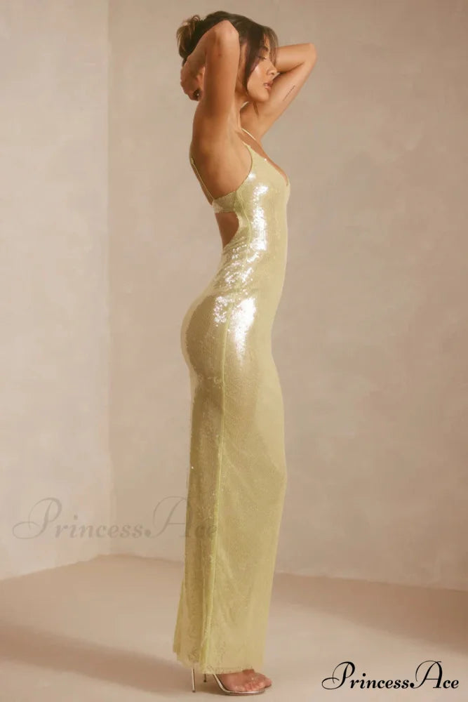 Sheer Sequin V-Neck Cut Out Trendy Back Evening Gown in Pistachio 30 Days / 4 / S / Yellow