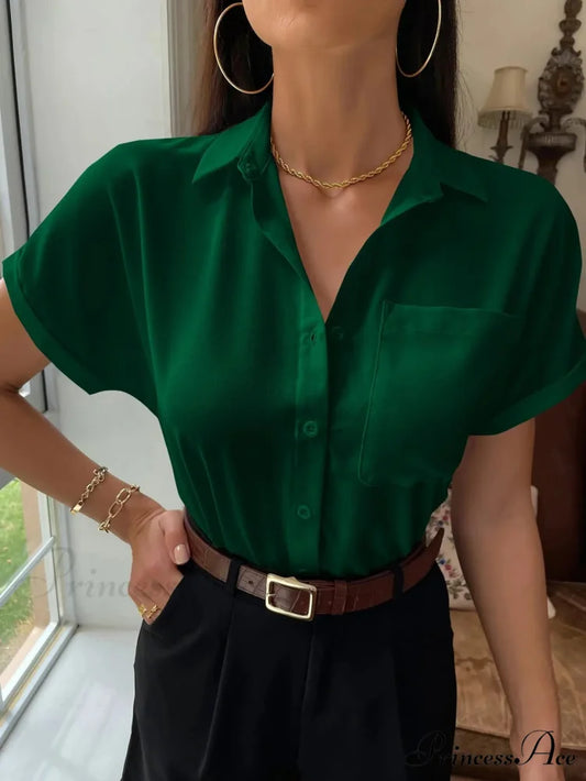 Sheer Short-Sleeved Informal Blouse green / XS blouse-250223