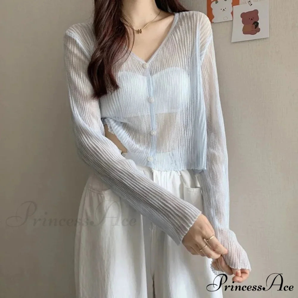 Sheer Silk Transparent Slim Pink Knitted Cardigan Blue / S cardiagn-250126