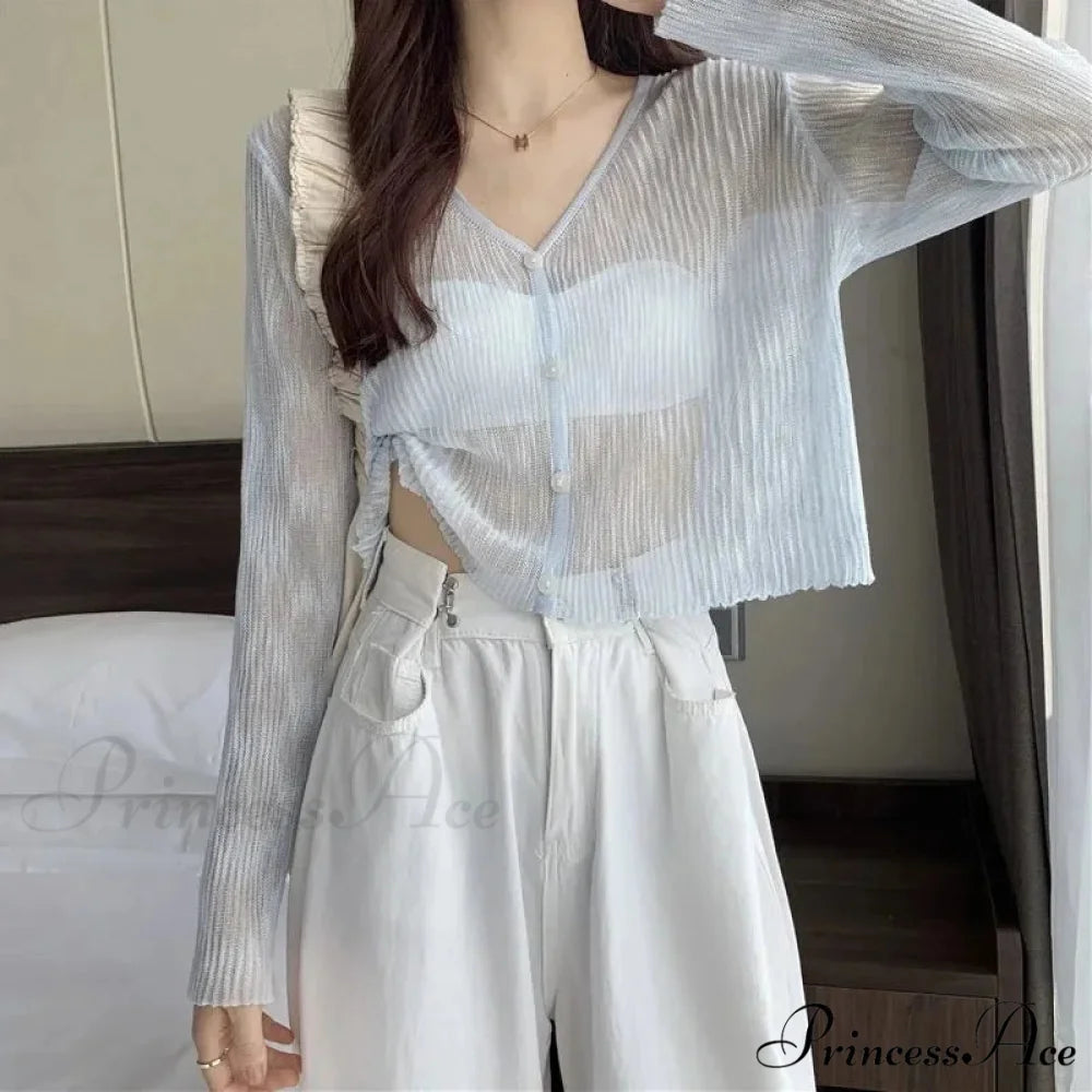 Sheer Silk Transparent Slim Pink Knitted Cardigan cardiagn-250126