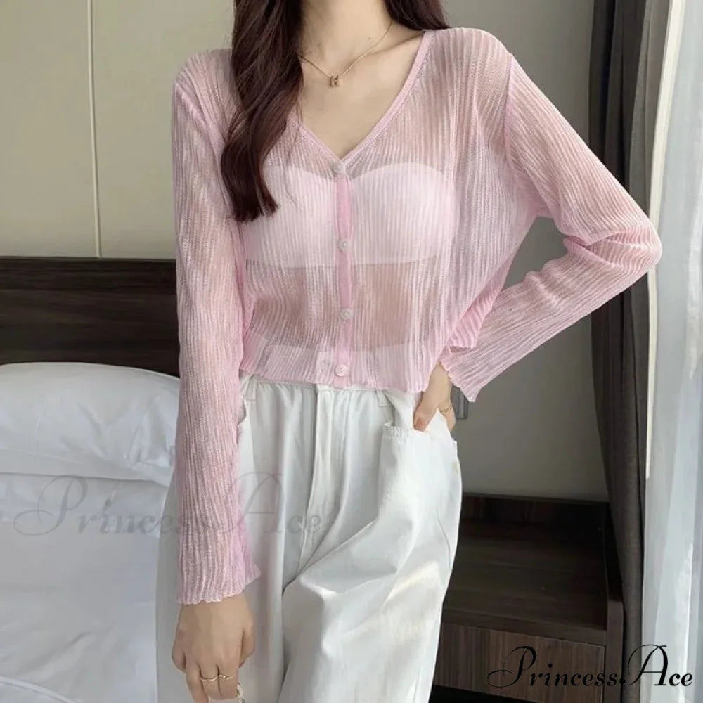 Sheer Silk Transparent Slim Pink Knitted Cardigan cardiagn-250126