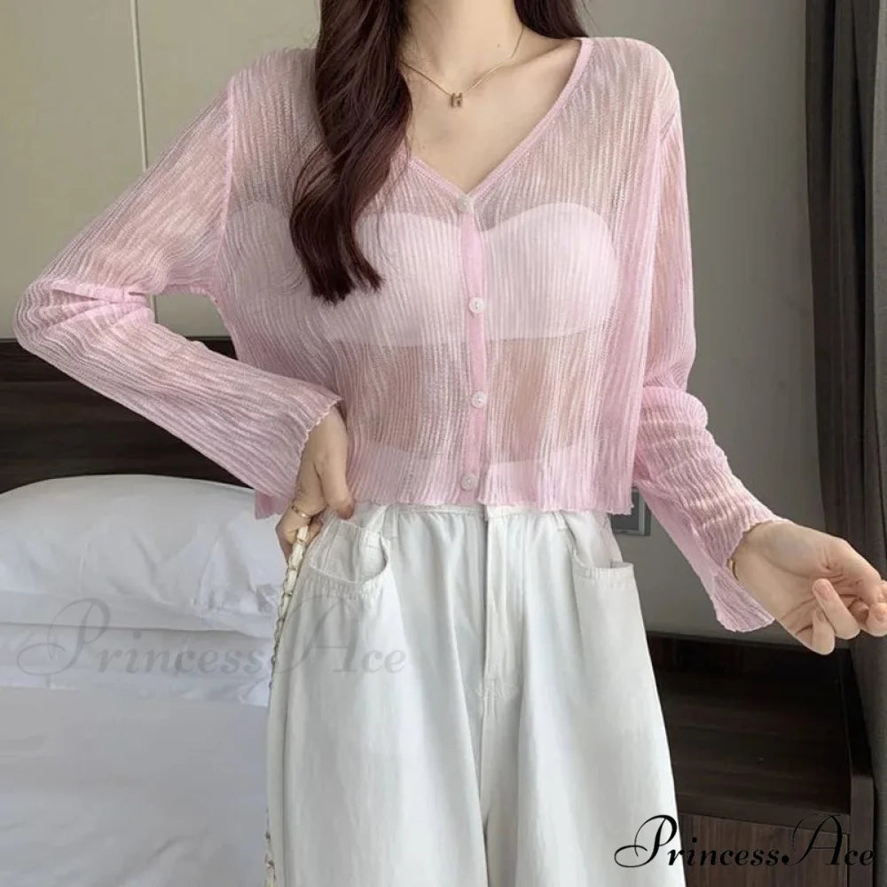 Sheer Silk Transparent Slim Pink Knitted Cardigan Pink / S cardiagn-250126