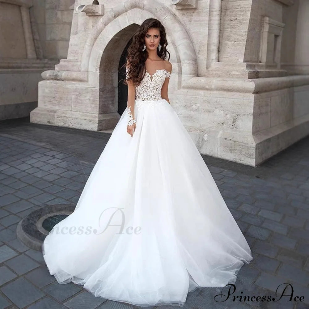 Sheer V-Neck Off-Shoulder Bridal Gown weddingdress-250223