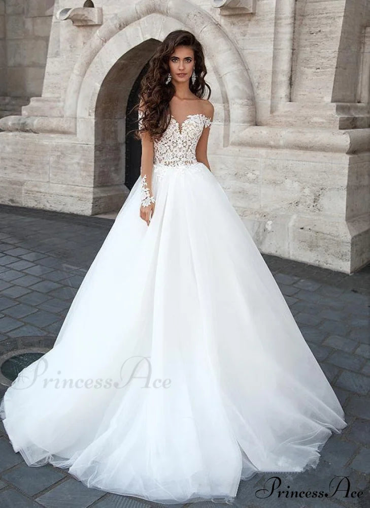 Sheer V-Neck Off-Shoulder Bridal Gown White / 2 weddingdress-250223