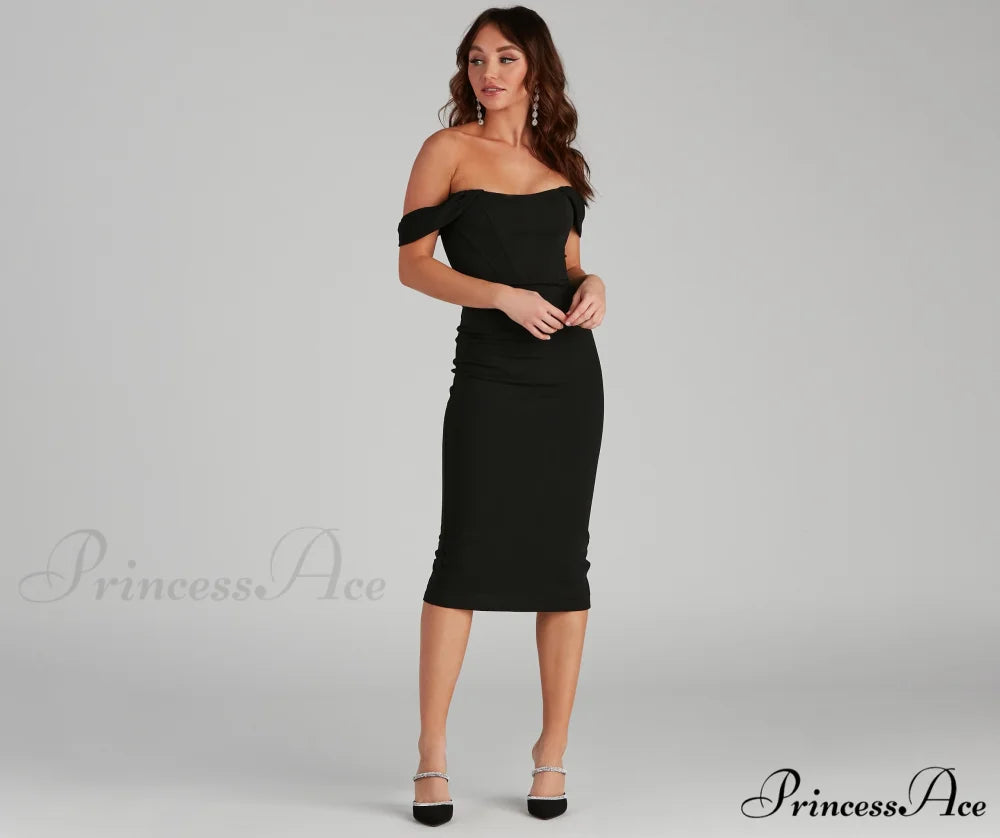 Sheila Crepe Corset Charming Midi Formal Dress BLACK / XS